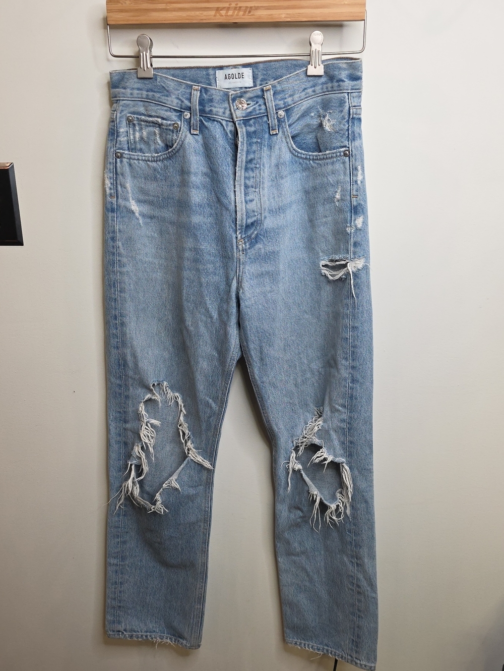 Agolde 90's Mid Rise Women's Light Wash Distressed Straight Jeans Sz 25